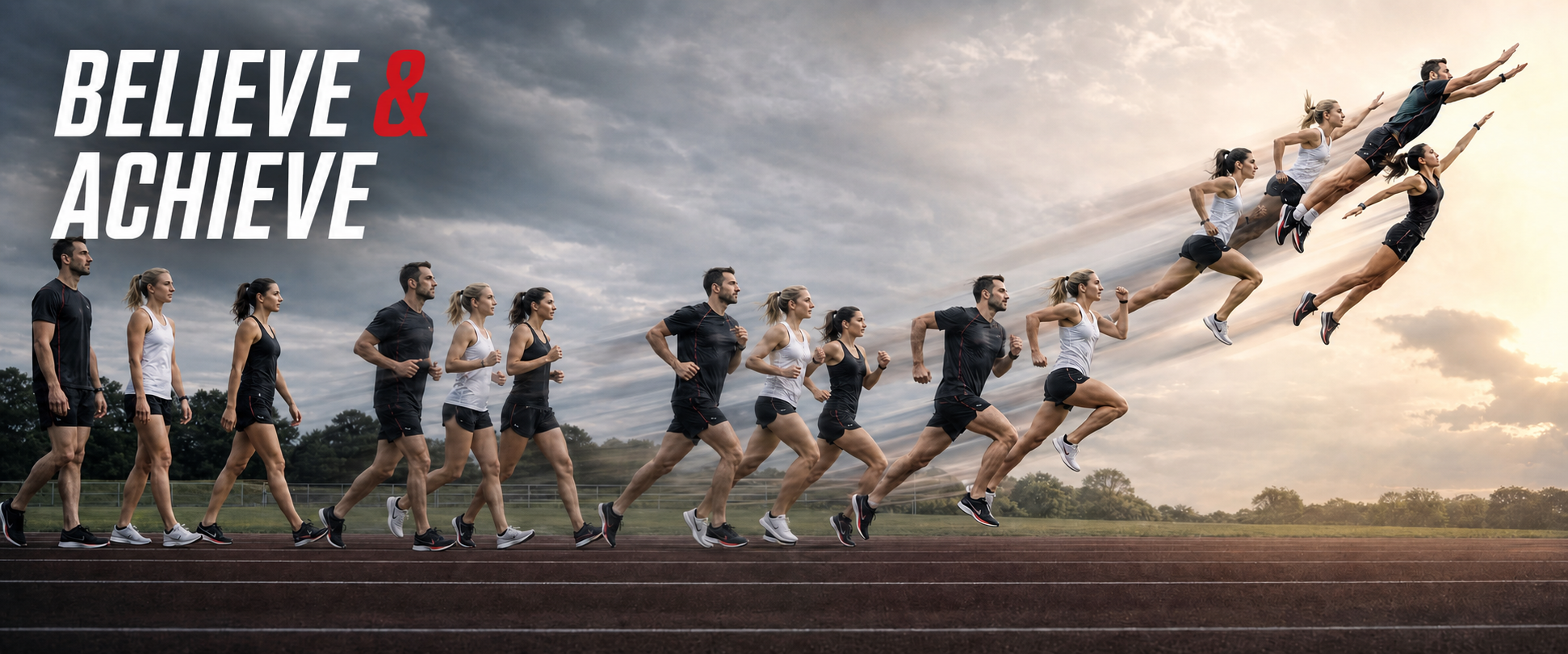 Athletes progressing from walking to running and rising upwards, with the words Believe and Achieve